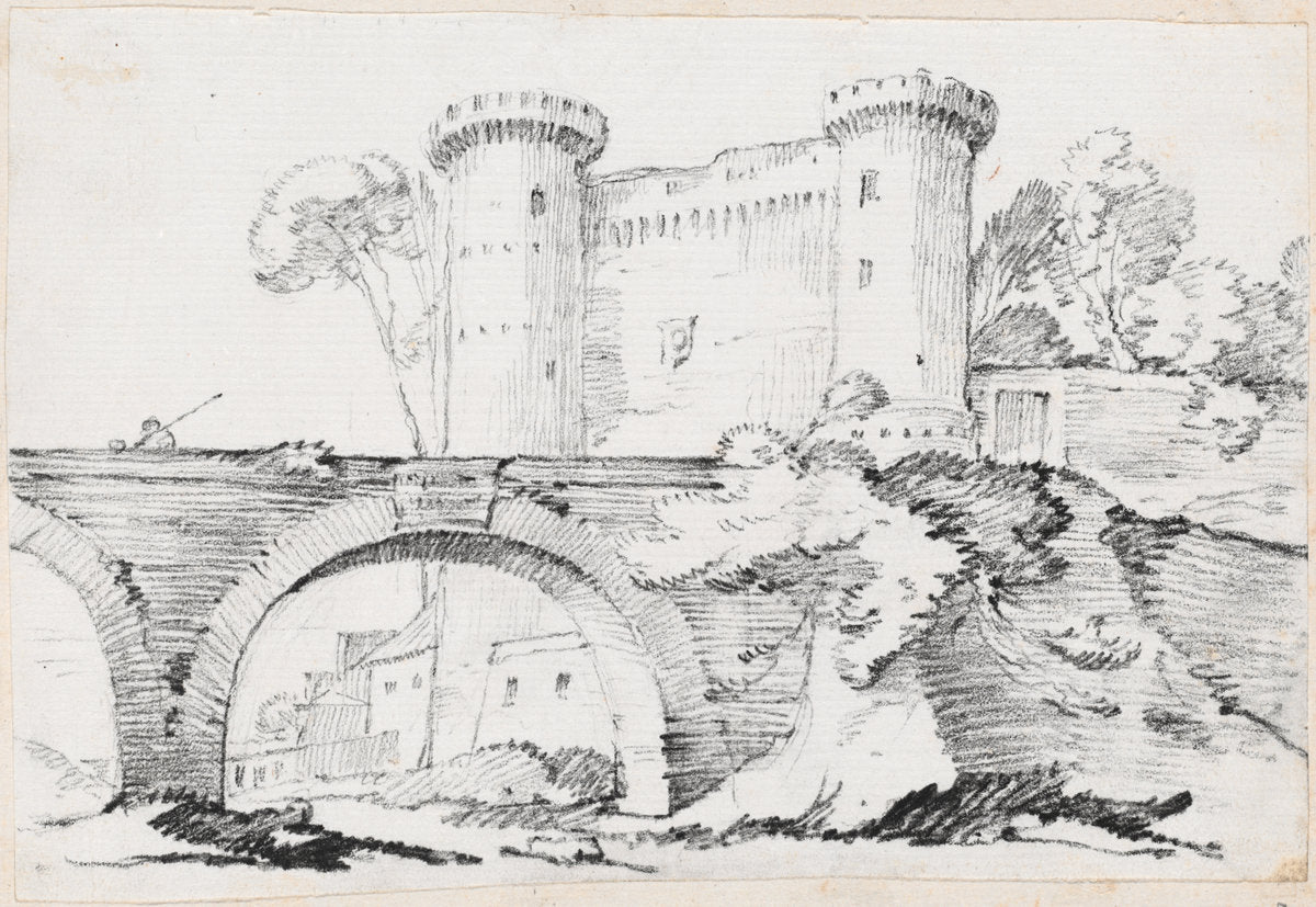 A Stone Bridge and the Fortified Entrance to a Town by Joseph-Marie Vien (French, 1716 - 1809), 16X12"(A3)Poster Print