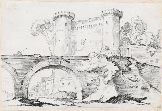 A Stone Bridge and the Fortified Entrance to a Town by Joseph-Marie Vien (French, 1716 - 1809), 16X12"(A3)Poster Print