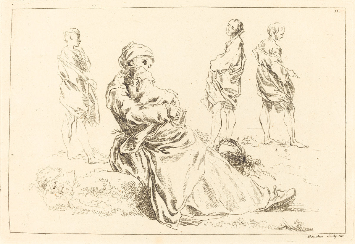 Figure Studies including Seated Mother and Child by François Boucher after Abraham Bloemaert (French, 1703 - 1770), 16X12"(A3)Poster Print