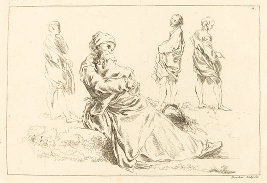 Figure Studies including Seated Mother and Child by François Boucher after Abraham Bloemaert (French, 1703 - 1770), 16X12"(A3)Poster Print