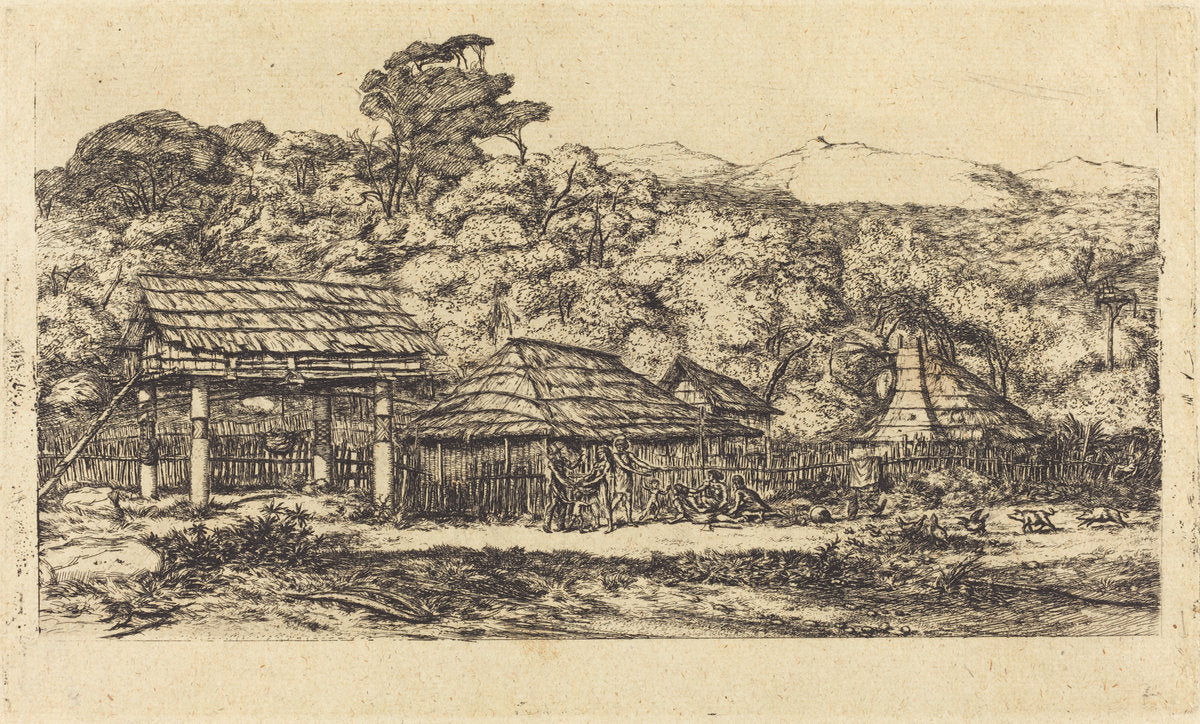 Greniers indigènes et habitations à Akaroa, presqu'Ile de Banks, 1845 (Native Barns and Huts at Akaroa, Banks' Peninsula, 1845) by Charles Meryon (French, 1821 - 1868), 16X12"(A3)Poster Print