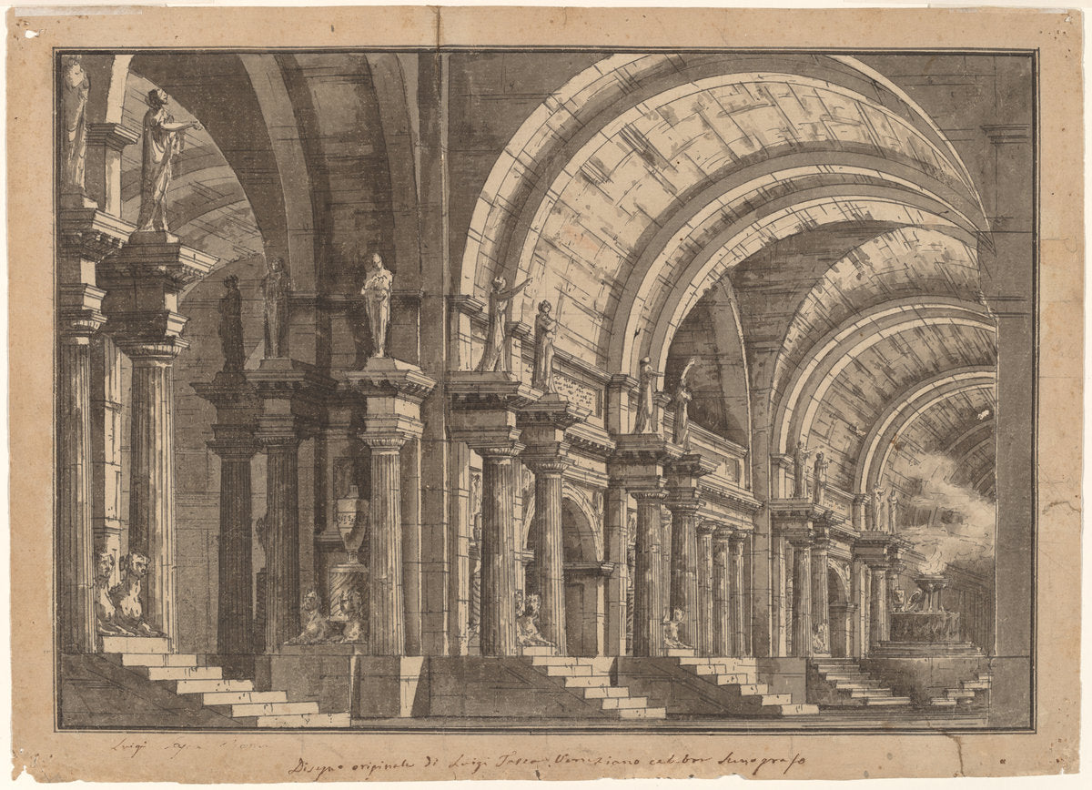 A Monumental Vaulted Hall with a Smoking Altar by Luigi Tasca (Italian, active 1813 - 1814), 16X12"(A3)Poster Print