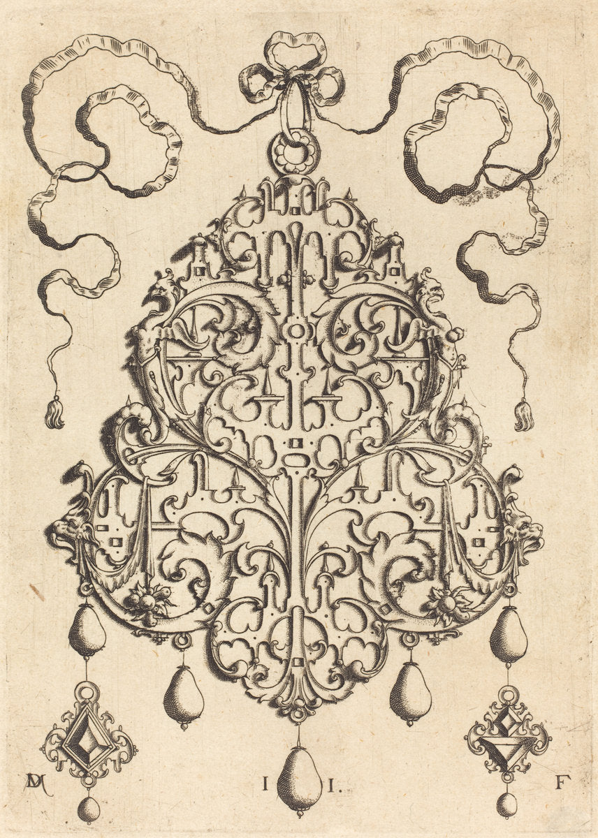 Large Strapwork Pendant with Two Hangers as Earrings at Left and Right by Daniel Mignot (German, active 1593/1596), 16X12"(A3)Poster Print