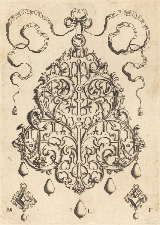 Large Strapwork Pendant with Two Hangers as Earrings at Left and Right by Daniel Mignot (German, active 1593/1596), 16X12"(A3)Poster Print