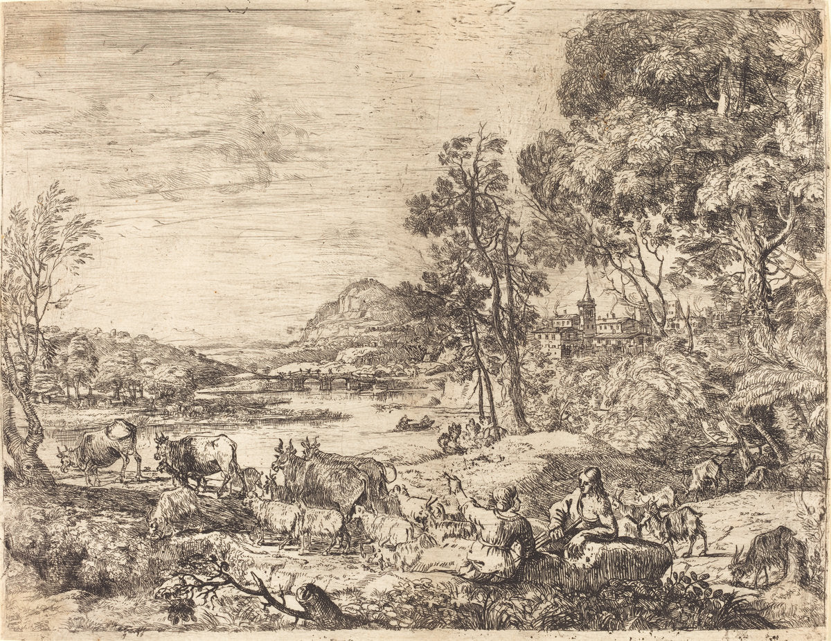 Shepherd and Shepherdess Conversing in a Landscape (Berger et bergère conversant) by Claude Lorrain (French, 1604/1605 - 1682), 16X12"(A3)Poster Print