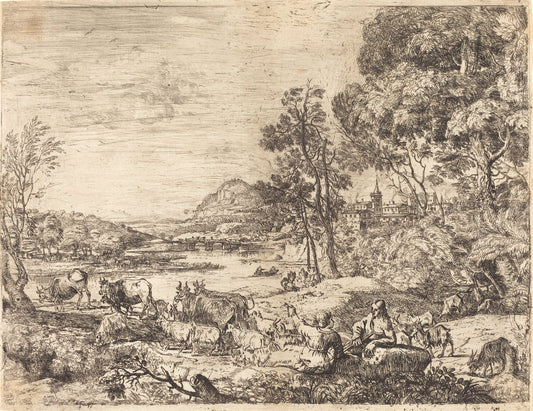 Shepherd and Shepherdess Conversing in a Landscape (Berger et bergère conversant) by Claude Lorrain (French, 1604/1605 - 1682), 16X12"(A3)Poster Print