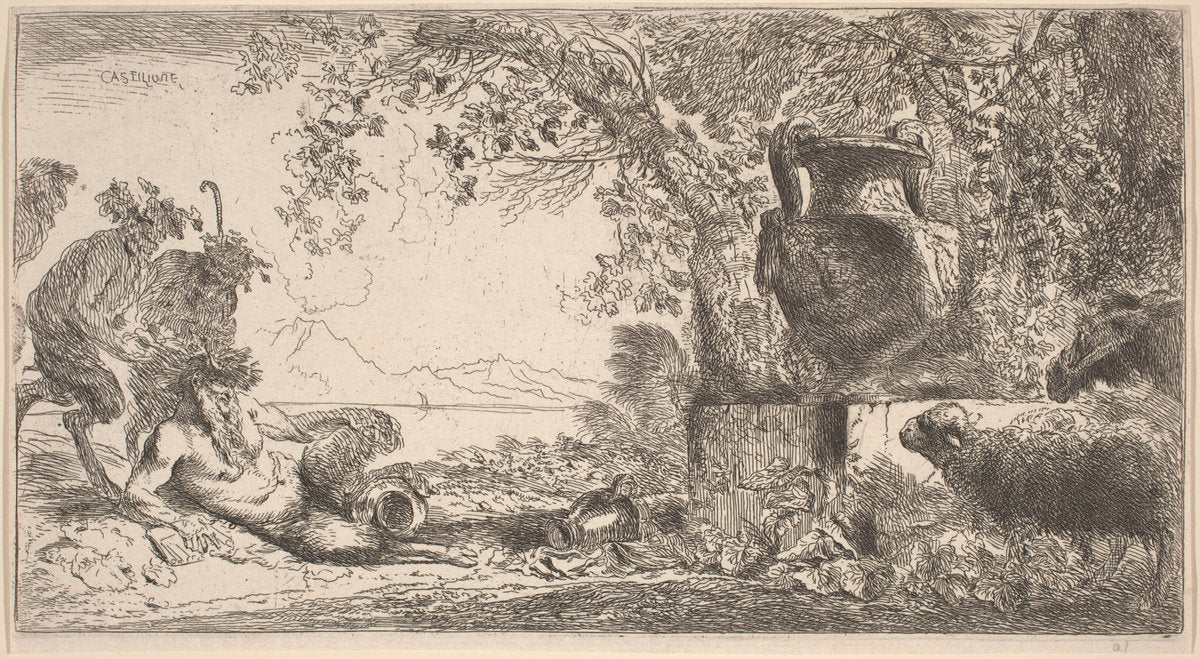 Pan Reclining before a Large Vase by Giovanni Benedetto Castiglione (Italian, 1609  - 1664), 16X12"(A3)Poster Print