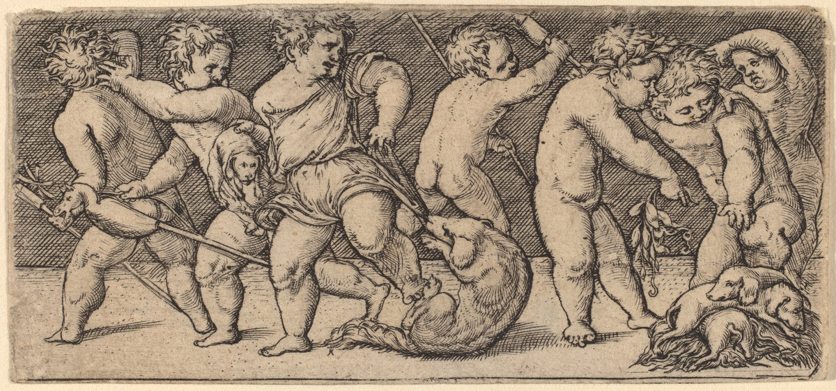 Children Playing with a Bitch  and Three Young Dogs by Master of the Horse Heads (Netherlandish, active first third 16th century), 16X12"(A3)Poster Print