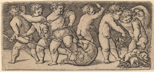 Children Playing with a Bitch  and Three Young Dogs by Master of the Horse Heads (Netherlandish, active first third 16th century), 16X12"(A3)Poster Print