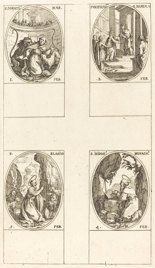 St. Ignatius; Purification of the Virgin;  St. Blaise; St. Isidore by Jacques Callot (French, 1592 - 1635), 16X12"(A3)Poster Print