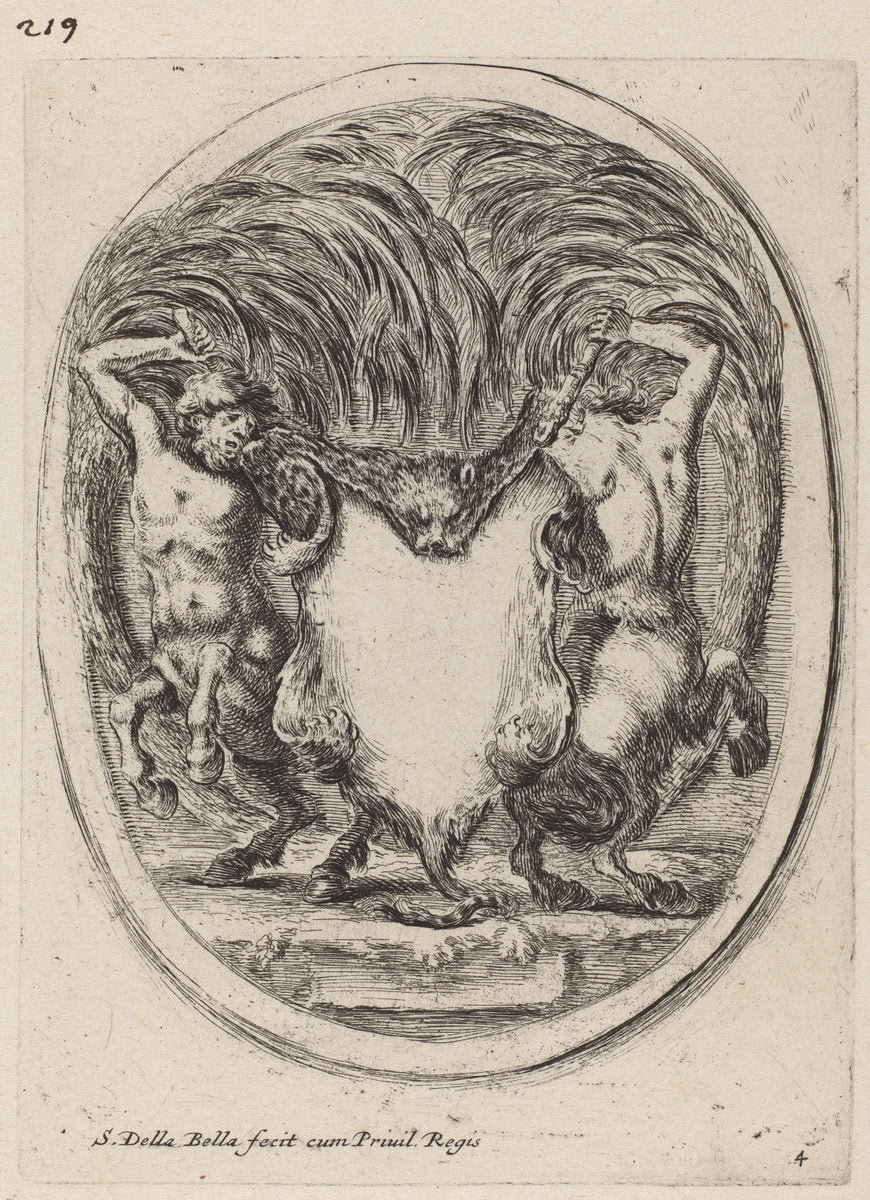 Cartouche in the Form of a Flayed Tiger Supported by Centaurs by Stefano Della Bella (Italian, 1610 - 1664), 16X12"(A3)Poster Print