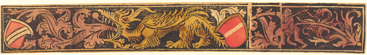 c. 1475/1500 by German 15th Century (Grotesque Strip with Dragon, Shields and Wild Men), 16X12"(A3)Poster Print