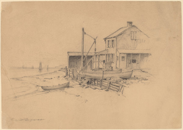 Fishing Boats and Shack by Henry Farrer (American, 1843 - 1903), 16X12"(A3)Poster Print