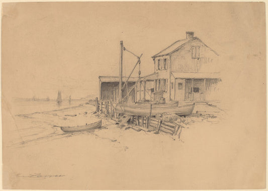 Fishing Boats and Shack by Henry Farrer (American, 1843 - 1903), 16X12"(A3)Poster Print