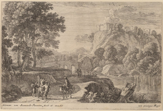 Travelers on Road to Left of a Stream by Herman van Swanevelt (Dutch, c. 1600 - 1655), 16X12"(A3)Poster Print