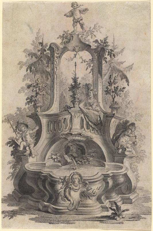 Rococo Fountain with Lovers and the Four Elements by Johann Esaias Nilson (German, 1721 - 1788), 16X12"(A3)Poster Print