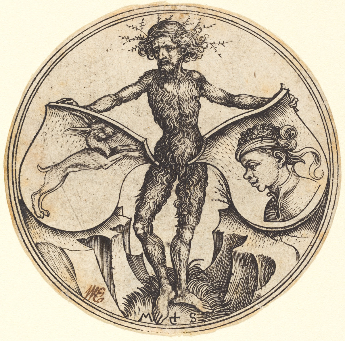 Shields with Rabbit and Moor's Head, Held by Wild Man by Martin Schongauer (German, c. 1450 - 1491), 16X12"(A3)Poster Print