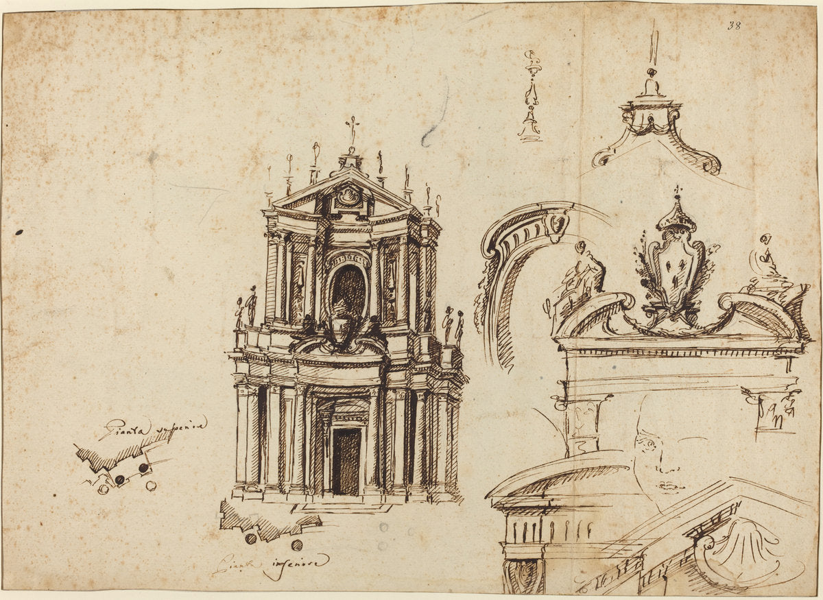 Studies for the Façade of Santa Cristina [recto] by Filippo Juvarra (Sicilian, 1678 - 1736), 16X12"(A3)Poster Print