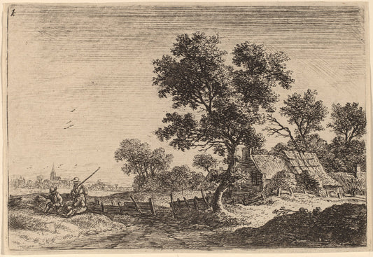 Three Peasants on a Knoll outside a Hamlet by Anthonie Waterloo (Dutch, 1609/1610 - 1690), 16X12"(A3)Poster Print