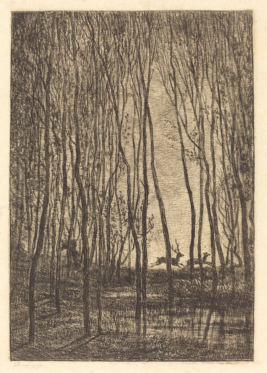 Deer in the Woods (Les Cerfs sous bois) by Charles-François Daubigny (French, 1817 - 1878), 16X12"(A3)Poster Print