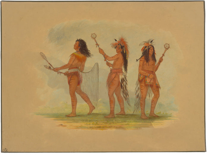 Three Celebrated Ball Players - Choctaw, Sioux and Ojibbeway by George Catlin (American, 1796 - 1872), 16X12