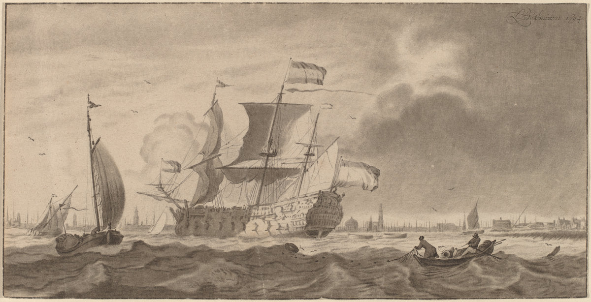 War Vessel in the Y by Cornelis Ploos van Amstel and Bernhard Schreuder after Ludolf Backhuysen (Dutch, died 1780), 16X12"(A3)Poster Print