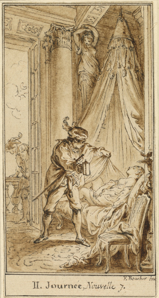Second Day, Seventh Story: The Duke of Athens Contemplating the Sleeping Princess Alatiel by Hubert François Gravelot after François Boucher (French, 1699 - 1773), 16X12"(A3)Poster Print