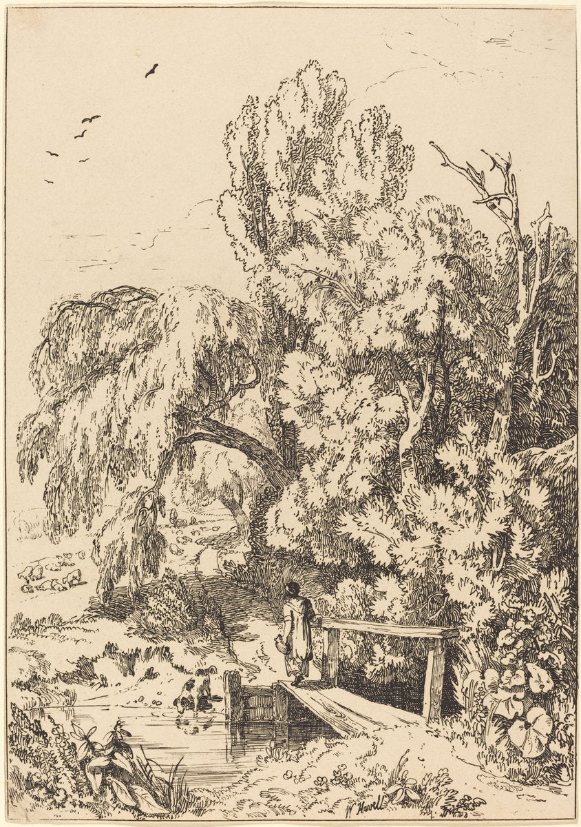 Landscape with Trees, Girl Crossing Footbridge by William Havell (British, 1782 - 1857), 16X12"(A3)Poster Print