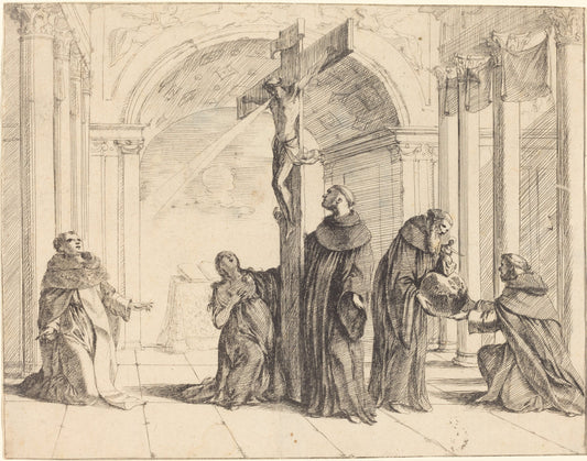 A Crucifix in a Church with Saints Thomas Aquinas, Mary Magdalene, Albertus Magnus, and Others by Johann Heinrich Schönfeld (German, 1609 - c. 1682), 16X12"(A3)Poster Print