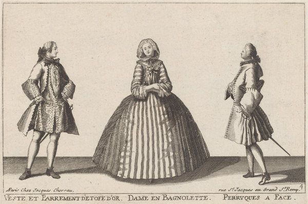 Veste et Parrement d'Etofe d'Or/Dame en Bagnolette/Perruques à Face by published by Jacques Chéreau (French, 1688 - 1776), 16X12"(A3)Poster Print