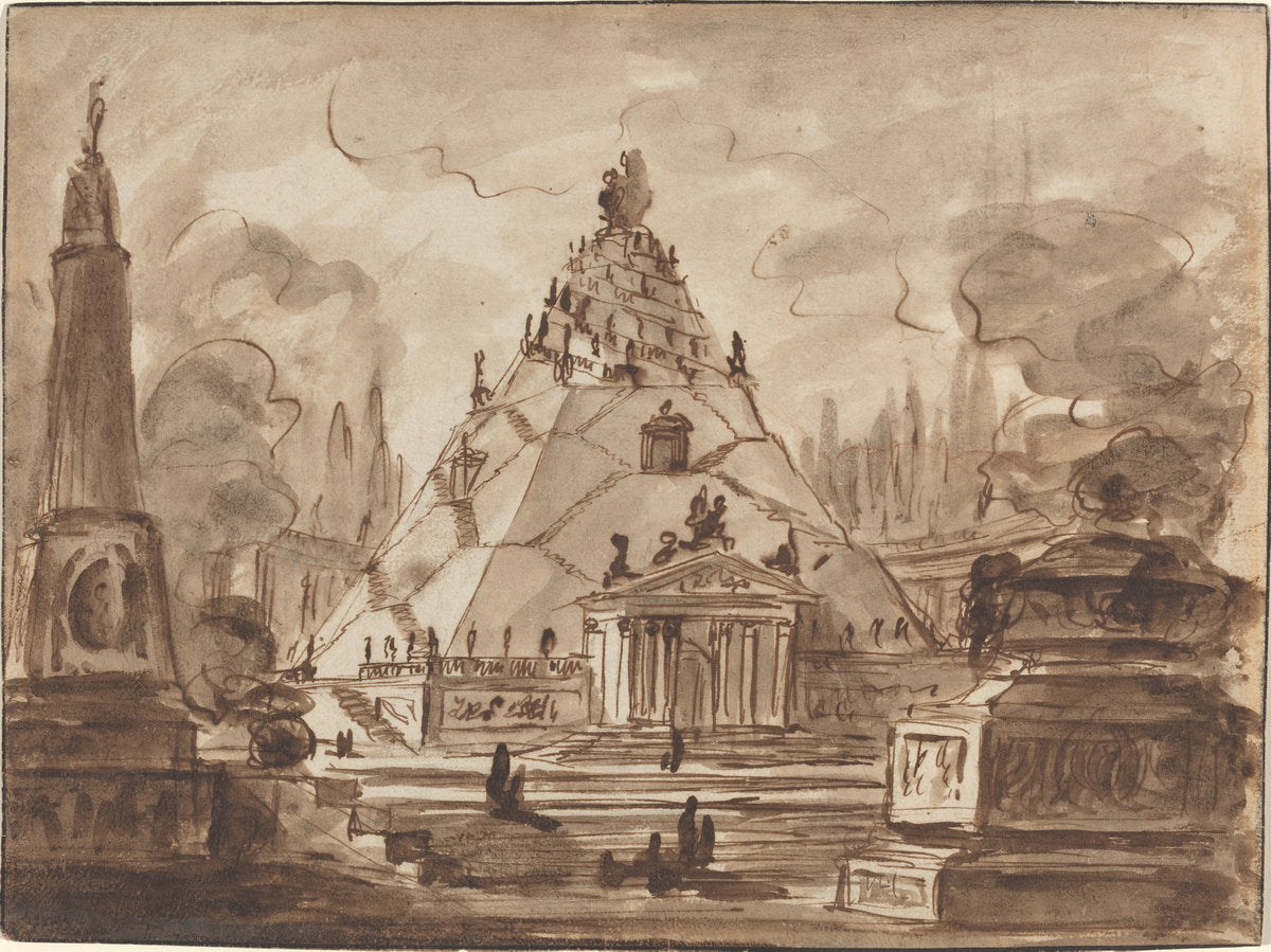 Architectural Fantasy with a Pyramidal Mausoleum by Charles Michel-Ange Challe (French, 1718 - 1778), 16X12"(A3)Poster Print