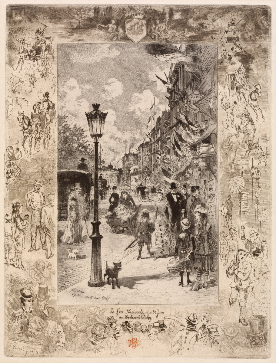 National Holiday on the Boulevard de Clichy by Félix-Hilaire Buhot (French, 1847 - 1898), 16X12"(A3)Poster Print