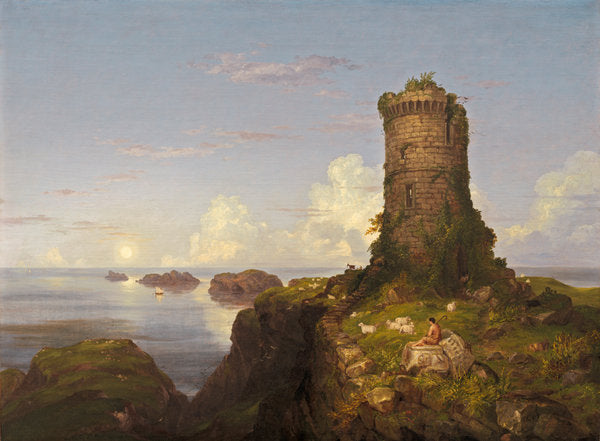 Italian Coast Scene with Ruined Tower by Thomas Cole (American, 1801 - 1848), 16X12"(A3)Poster Print