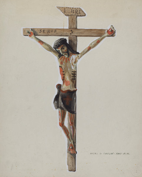 Painted Wooden Crucifix by Majel G. Claflin (American, active c. 1935), 16X12"(A3)Poster Print