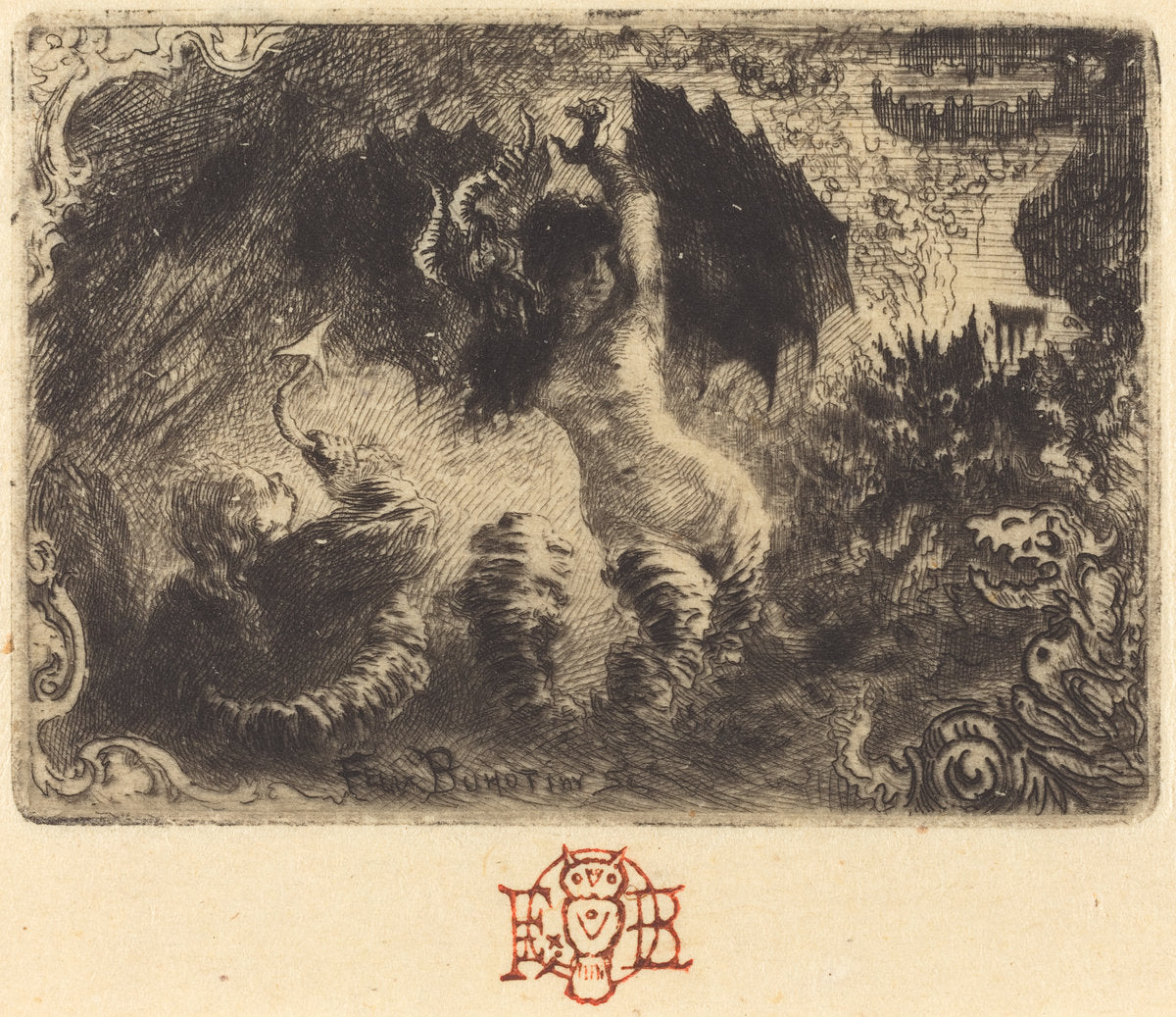 Jacques Cazotte's "Le Diable amoureux" (1st vignette) by Félix-Hilaire Buhot (French, 1847 - 1898), 16X12"(A3)Poster Print