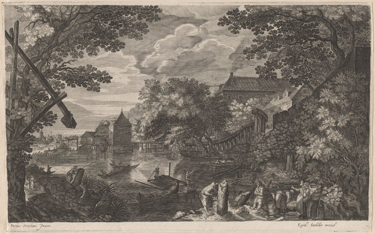 Riverscape with Fishermen by a Fortified Town by Aegidius Sadeler II after Pieter Stevens (Flemish, c. 1570 - 1629), 16X12"(A3)Poster Print