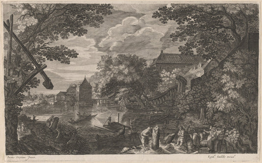 Riverscape with Fishermen by a Fortified Town by Aegidius Sadeler II after Pieter Stevens (Flemish, c. 1570 - 1629), 16X12"(A3)Poster Print
