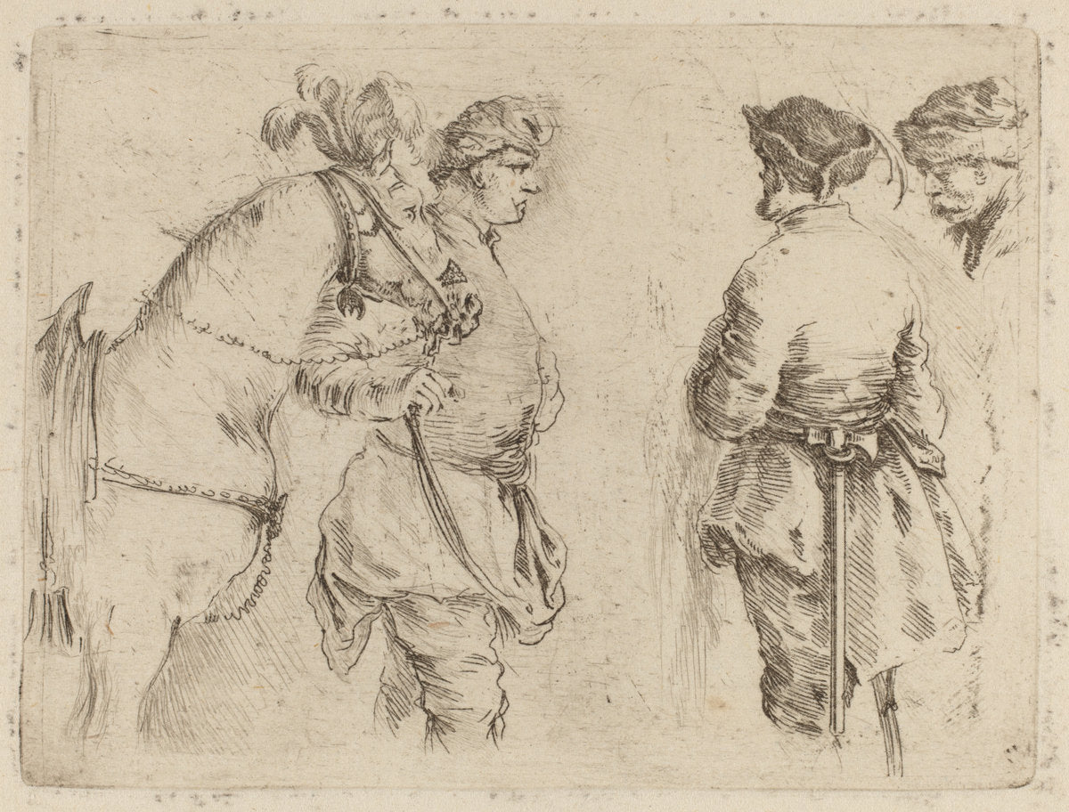 Pole Holding the Bridle of a Horse while Speaking with Two Other Men by Stefano Della Bella (Italian, 1610 - 1664), 16X12"(A3)Poster Print