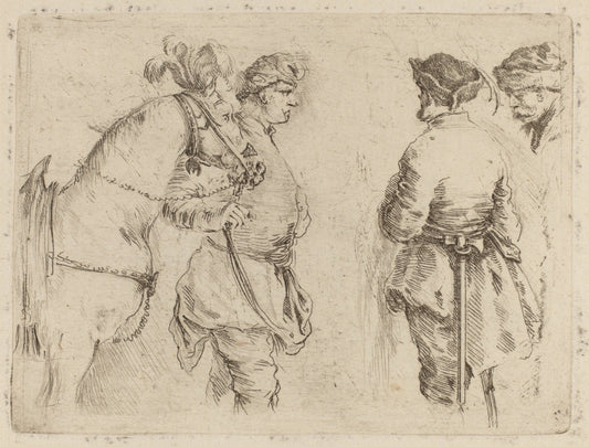 Pole Holding the Bridle of a Horse while Speaking with Two Other Men by Stefano Della Bella (Italian, 1610 - 1664), 16X12"(A3)Poster Print