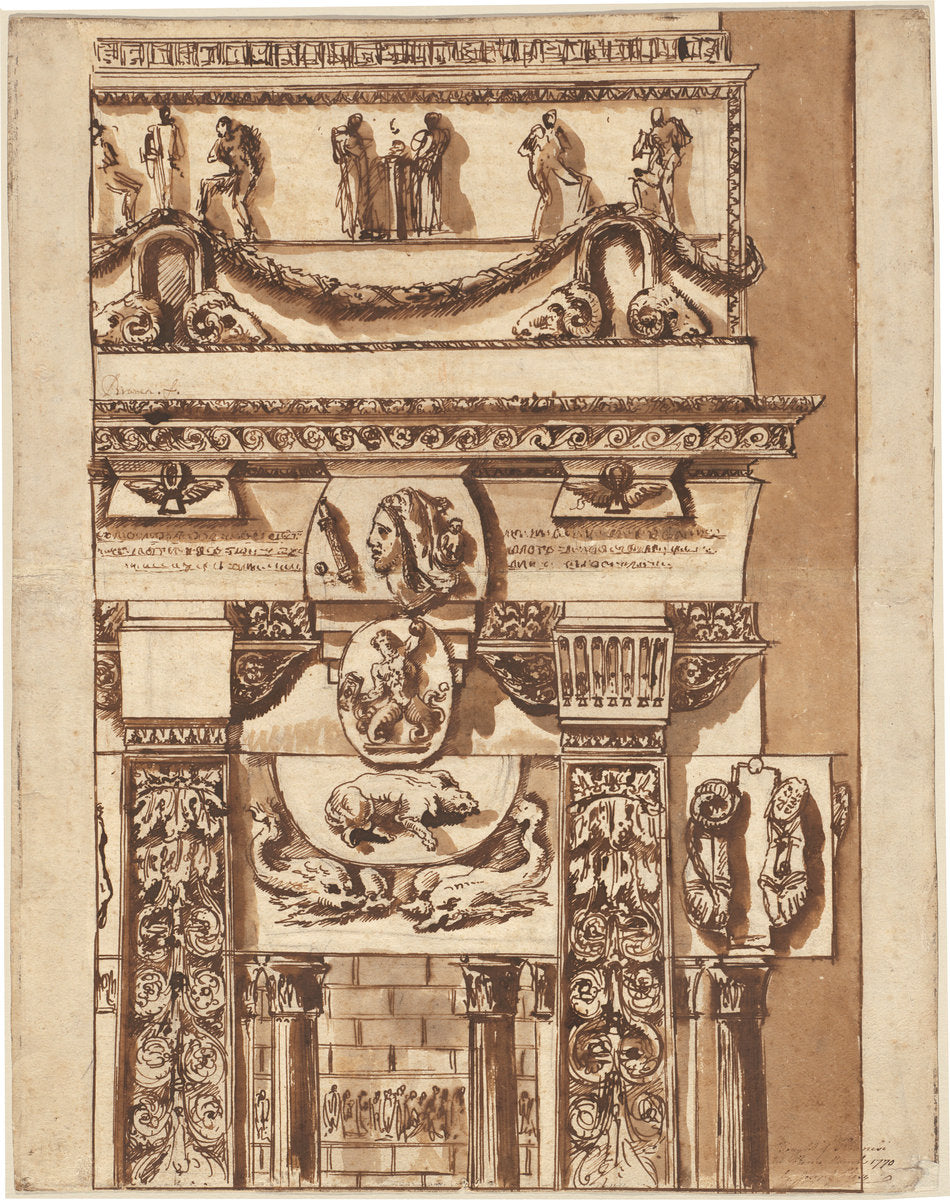 Fantasy of a Façade with Bizarre Ornaments by Giovanni Battista Piranesi (Venetian, 1720 - 1778), 16X12"(A3)Poster Print