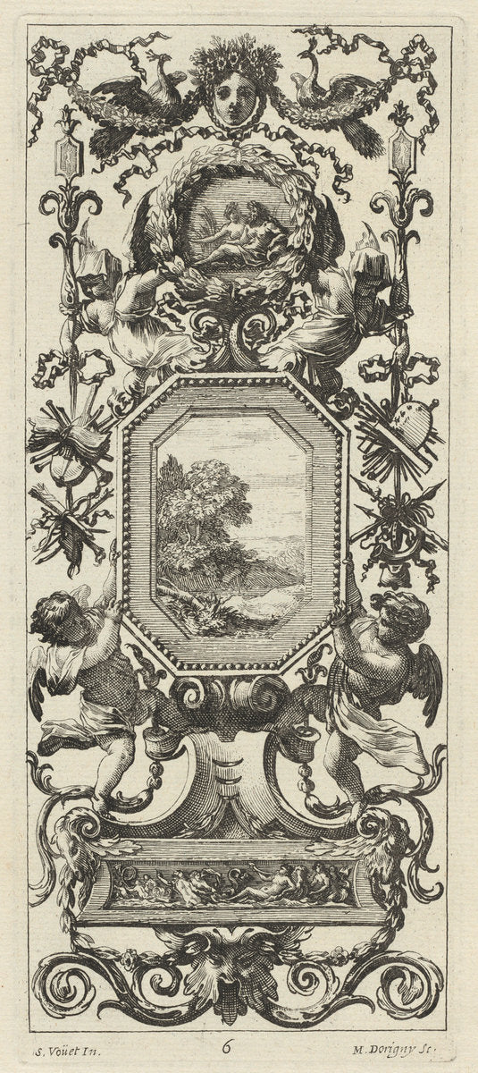 Ornamental Panel Surmounted by the Crowned Head of a Woman and Two Peacocks by Michel Dorigny, after Simon Vouet (French, 1617 - 1665), 16X12"(A3)Poster Print