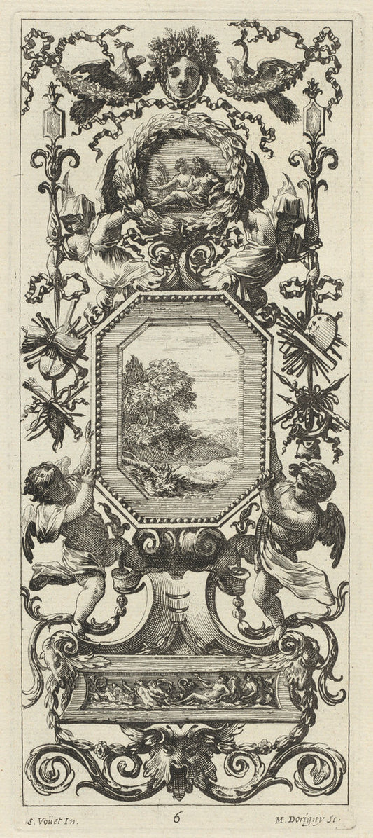 Ornamental Panel Surmounted by the Crowned Head of a Woman and Two Peacocks by Michel Dorigny, after Simon Vouet (French, 1617 - 1665), 16X12"(A3)Poster Print