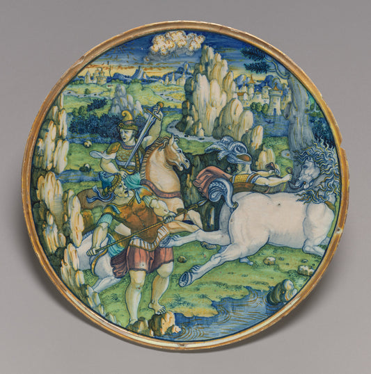 1525 by Workshop of Maestro Giorgio Andreoli of Gubbio; painting by the Painter of the Three Graces (Flat plate with a battle scene), 16X12"(A3)Poster Print