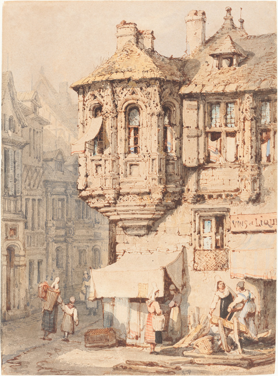 French Street Scene with a Medieval Turret by Samuel Prout (British, 1783 - 1852), 16X12"(A3)Poster Print