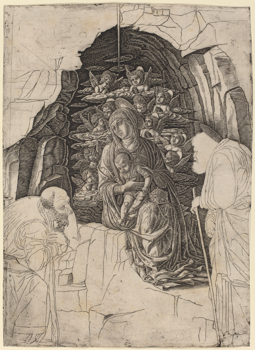 c. 1475/1480 by Workshop of Andrea Mantegna (The Adoration of the Magi (Virgin in the Grotto)), 16X12"(A3)Poster Print