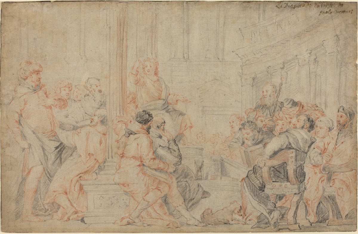 red and black chalks on laid paper by after Veronese (Christ among the Doctors), 16X12"(A3)Poster Print