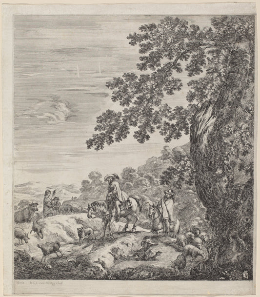 Two Riders Passing Near a Herd of Animals by Stefano Della Bella (Italian, 1610 - 1664), 16X12"(A3)Poster Print