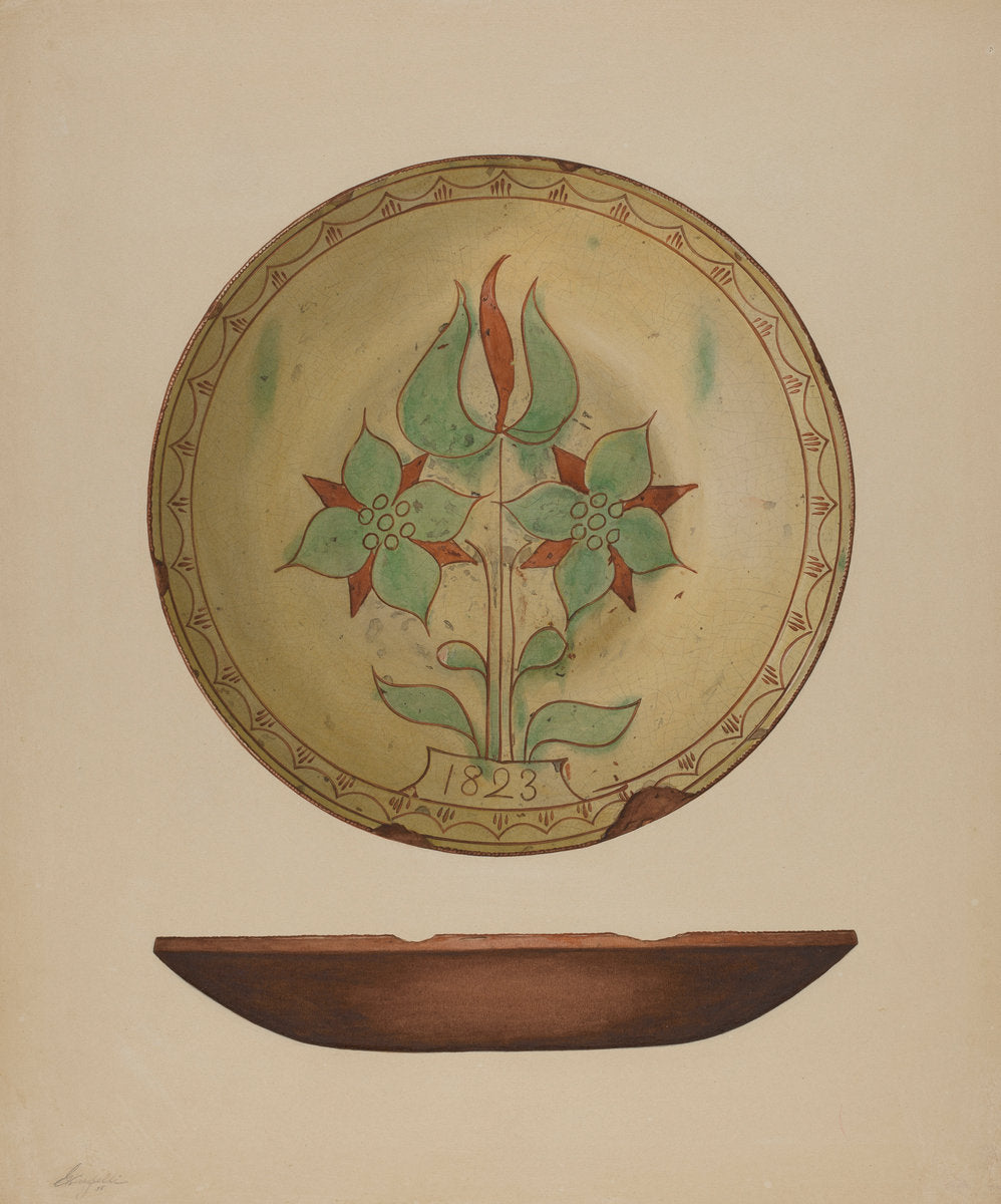 Plate with Tulip and Two Flowers by Giacinto Capelli (American, active c. 1935), 16X12"(A3)Poster Print