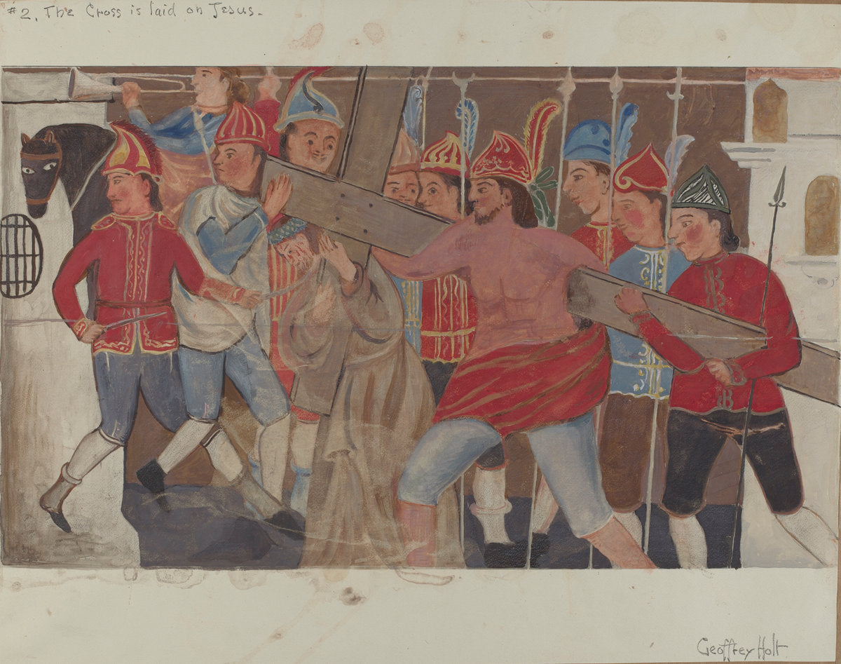 Station of the Cross No. 2: "The Cross is Laid on Jesus by Geoffrey Holt (American, active c. 1935), 16X12"(A3)Poster Print