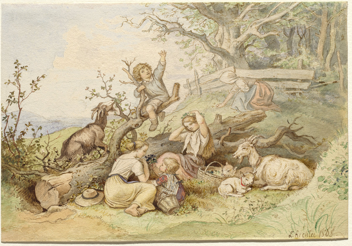 Children and Goats Resting by a Felled Tree by Ludwig Richter (German, 1803 - 1884), 16X12"(A3)Poster Print